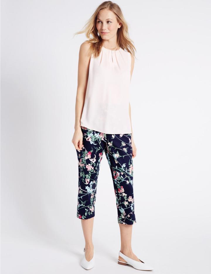 Marks & Spencer Floral Print Cropped Slim Leg Trousers Navy Mix
