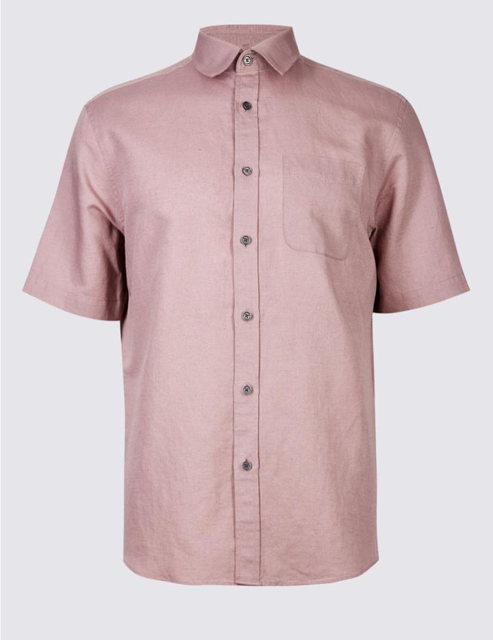 Marks & Spencer Linen Rich Shirt With Pocket Dusky Pink