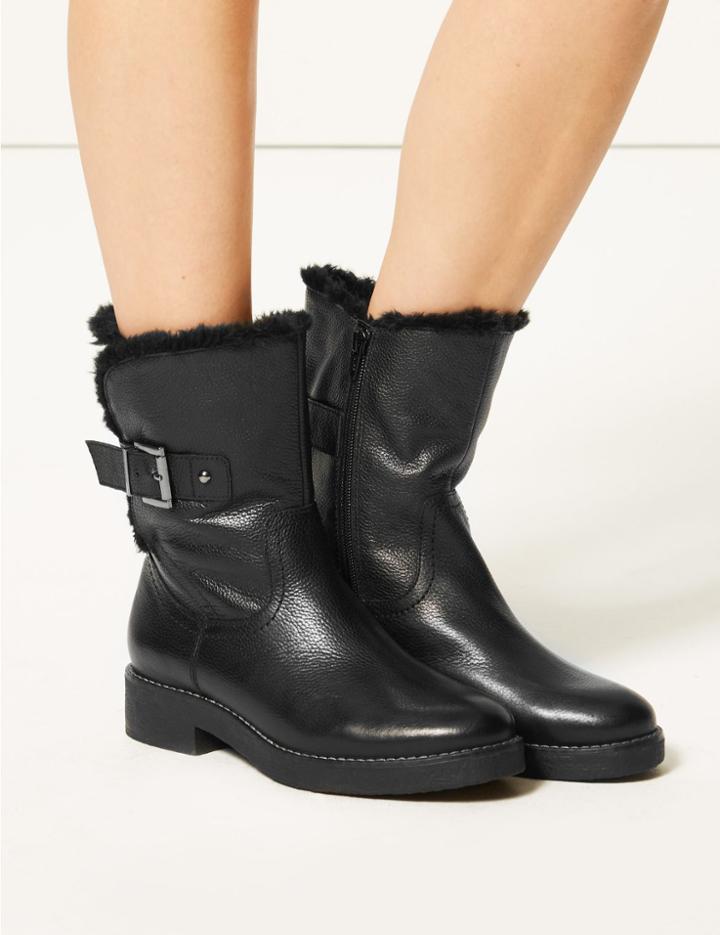 Marks & Spencer Wide Fit Leather Faux Fur Cuff Ankle Boots Black