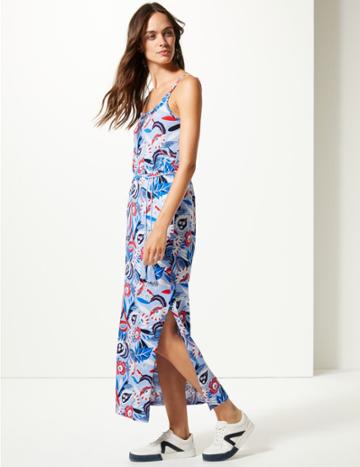 Marks & Spencer Pure Cotton Floral Print Maxi Dress Blue Mix