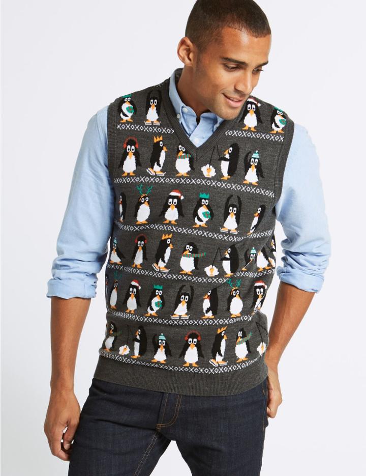 Marks & Spencer Fishing Penguin Christmas Sleeveless Jumper Grey