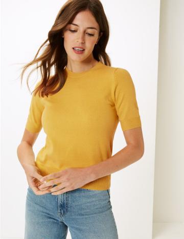 Marks & Spencer Textured Round Neck Short Sleeve Jumper Honey