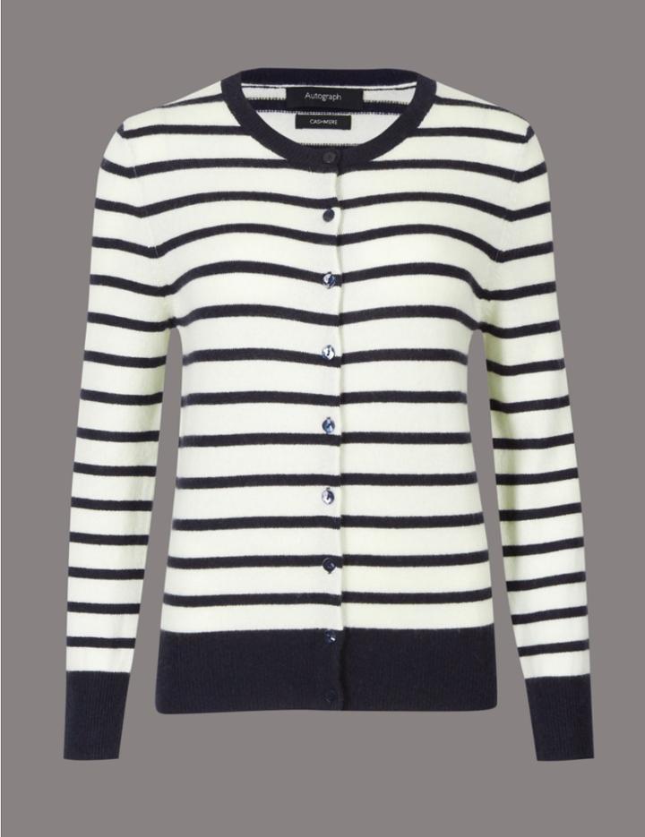 Marks & Spencer Pure Cashmere Striped Round Neck Cardigan Cream Mix