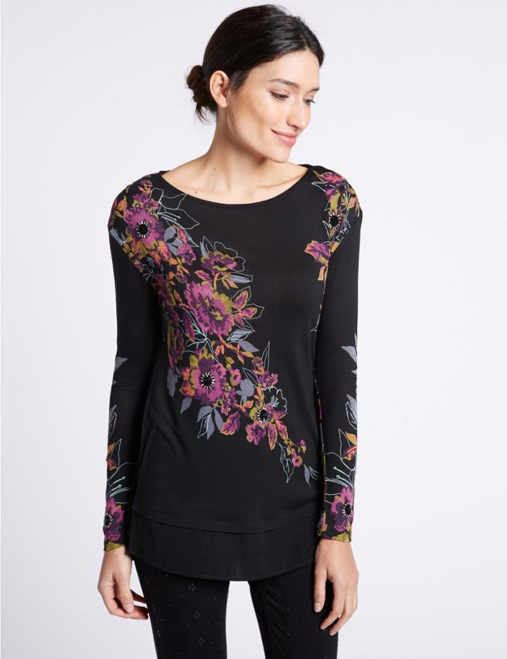 Marks & Spencer Floral Print Embellished Long Sleeve Top Pink Mix