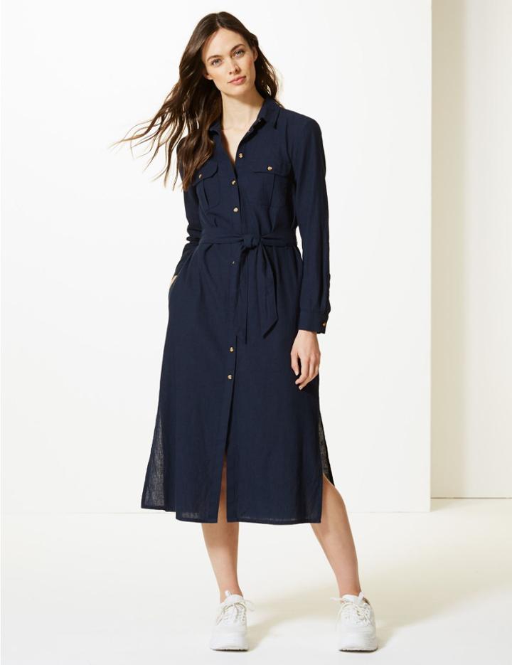 Marks & Spencer Long Sleeve Shirt Midi Dress Navy