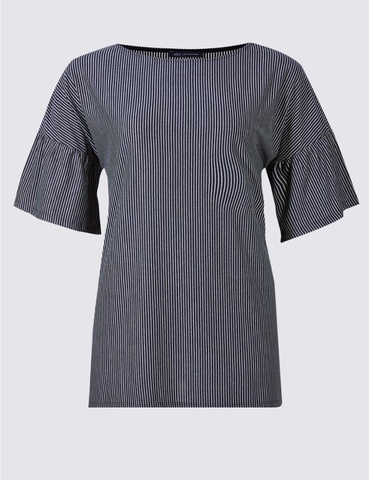 Marks & Spencer Plus Striped Round Neck Frill Sleeve Tunic Navy