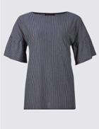 Marks & Spencer Plus Striped Round Neck Frill Sleeve Tunic Navy