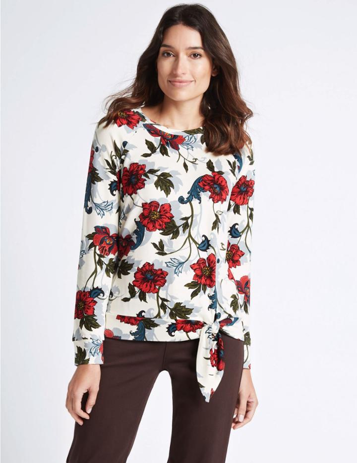 Marks & Spencer Floral Print Tie Front Long Sleeve T-shirt Ivory Mix