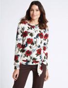 Marks & Spencer Floral Print Tie Front Long Sleeve T-shirt Ivory Mix