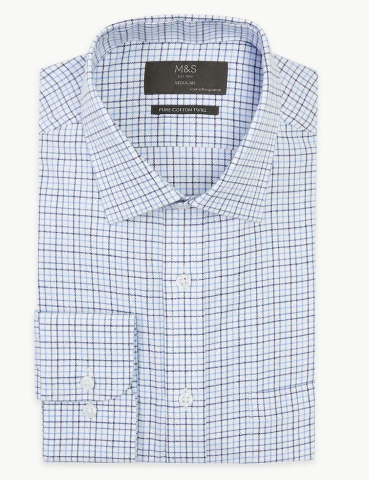 Marks & Spencer Pure Cotton Twill Checked Regular Fit Shirt Blue Mix