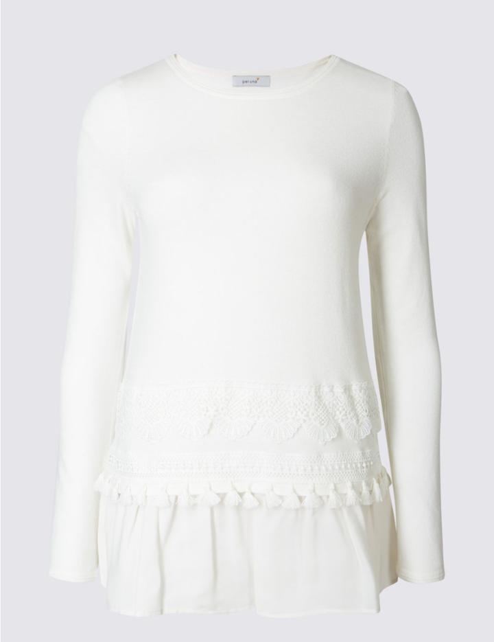 Marks & Spencer Lace Tassel Round Neck Jumper Ivory