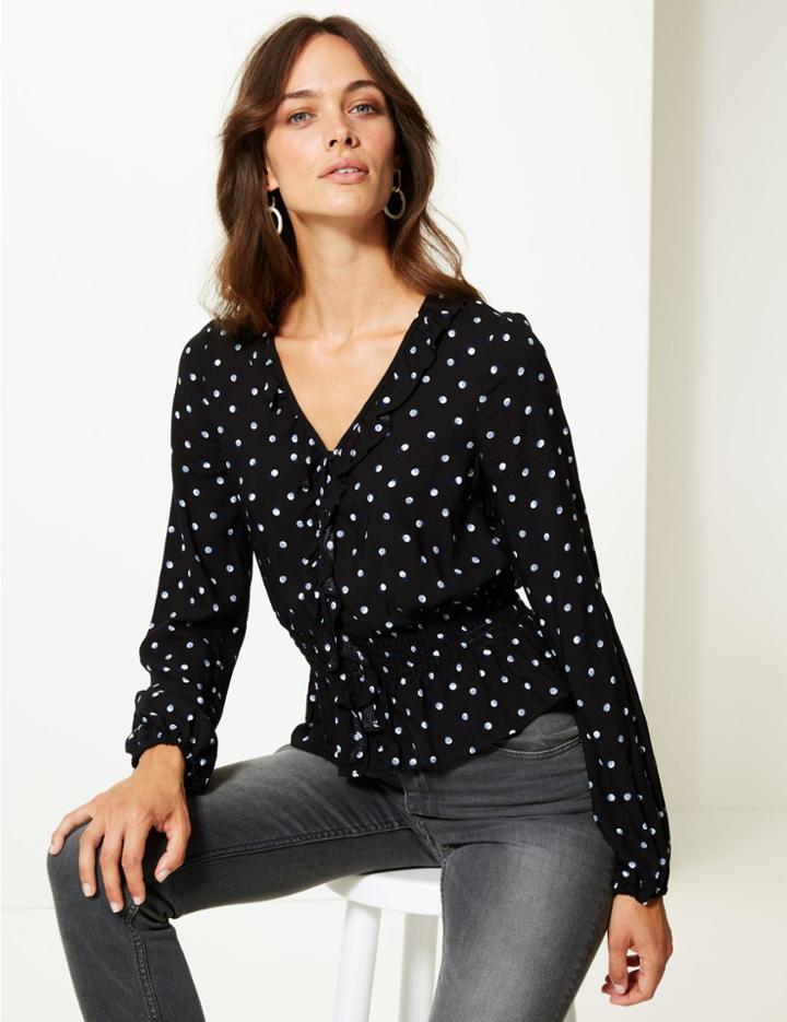 Marks & Spencer Spotted Ruched V-neck Long Sleeve Blouse Multi