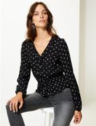 Marks & Spencer Spotted Ruched V-neck Long Sleeve Blouse Multi