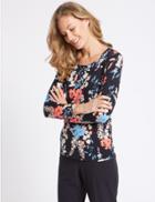 Marks & Spencer Floral Print Twist Neck Long Sleeve T-shirt Navy Mix