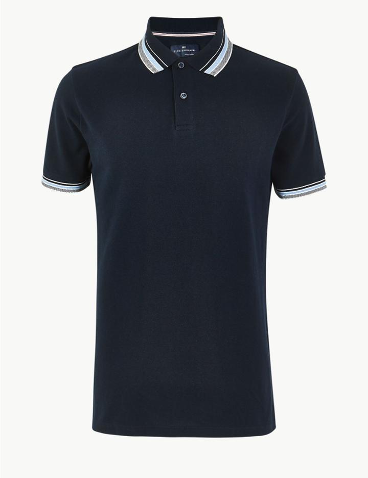 Marks & Spencer Pure Cotton Tipped Collar Polo Shirt Dark Navy