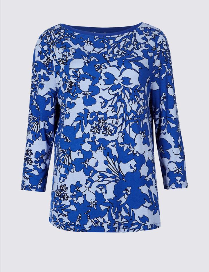 Marks & Spencer Floral Print Slash Neck 3/4 Sleeve T-shirt Navy Mix