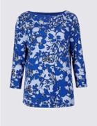 Marks & Spencer Floral Print Slash Neck 3/4 Sleeve T-shirt Navy Mix