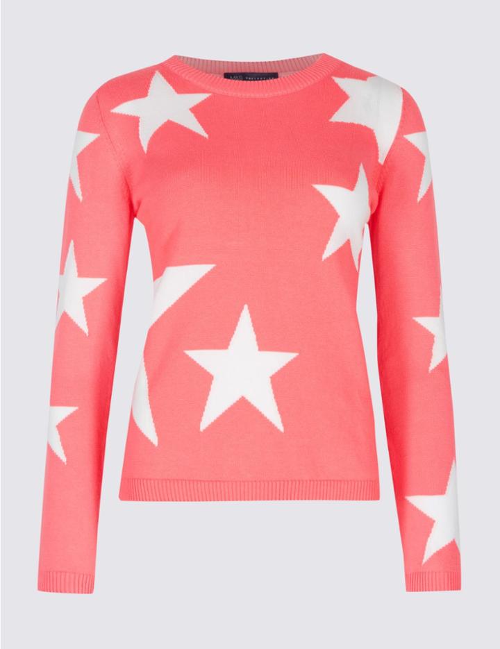 Marks & Spencer Pure Cotton Star Print Round Neck Jumper Watermelon
