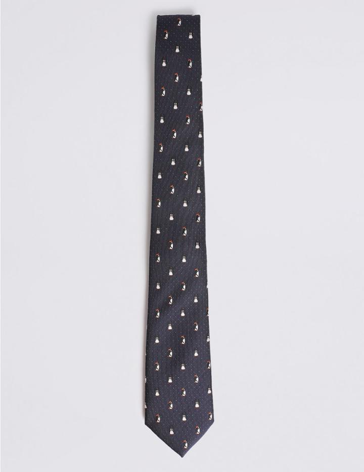 Marks & Spencer Happy Penguins Christmas Tie Navy Mix