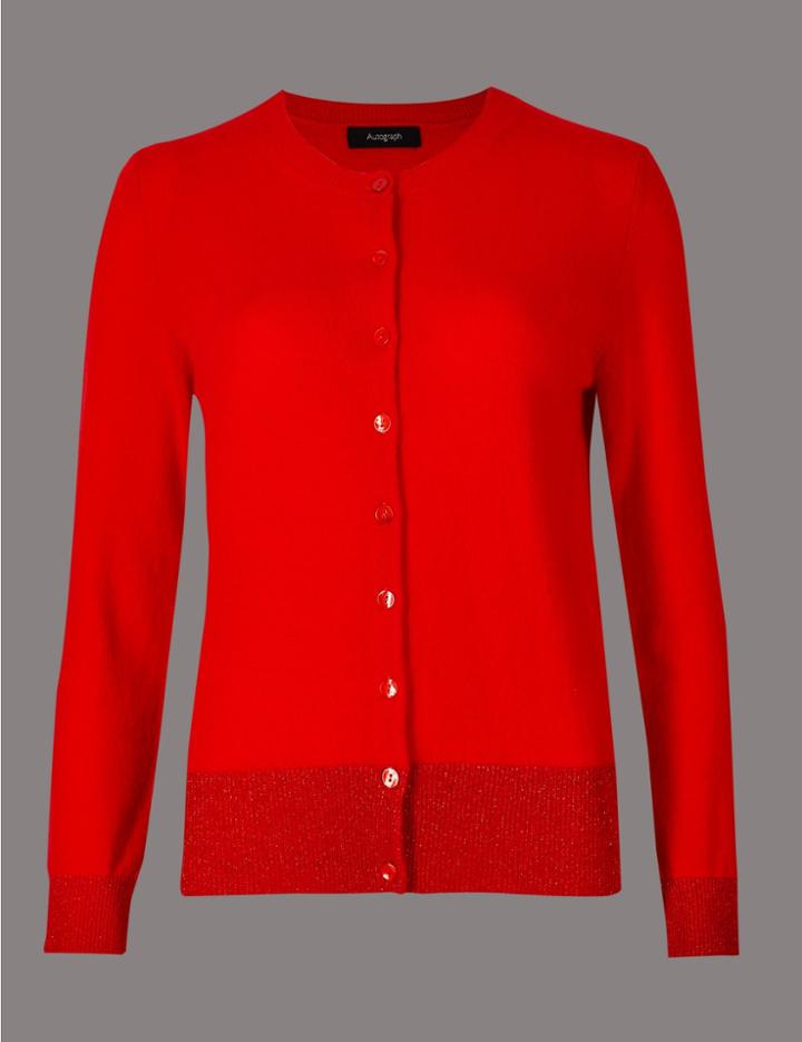 Marks & Spencer Cashmere Rich Round Neck Cardigan Red Mix