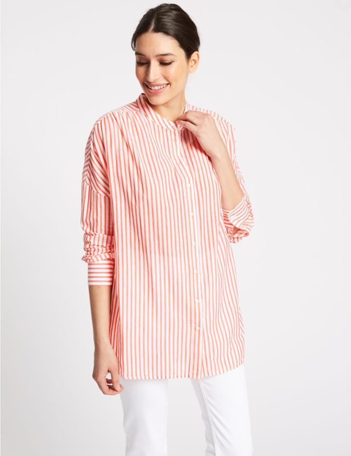 Marks & Spencer Pure Cotton Striped Long Sleeve Shirt Orange Mix