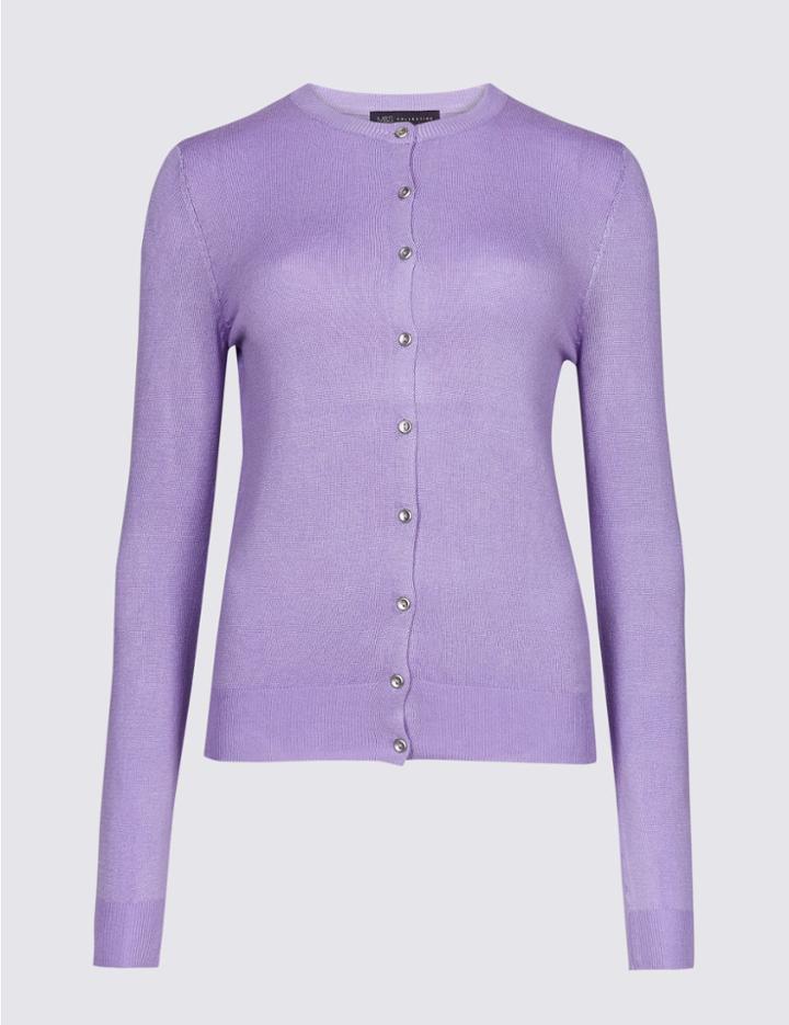 Marks & Spencer Ribbed Round Neck Cardigan Medium Lilac