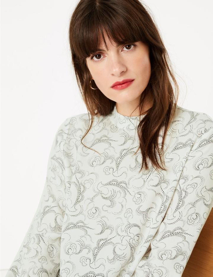 Marks & Spencer Woven Swirl Print Long Sleeve Top Ivory Mix