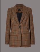 Marks & Spencer Wool Blend Checked Single Breasted Blazer Brown Mix