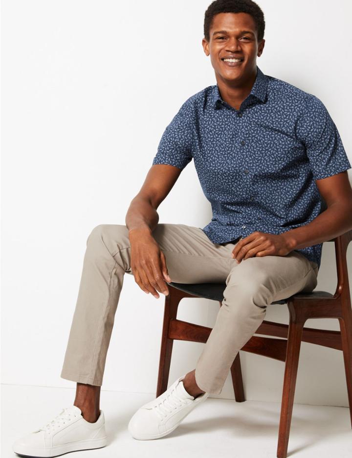 Marks & Spencer Cotton Blend Slim Fit Printed Shirt Navy Mix