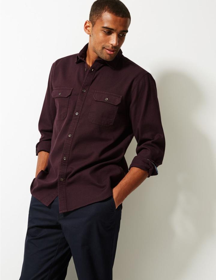 Marks & Spencer Pure Cotton Textured Shirt With Pockets Dark Aubergine