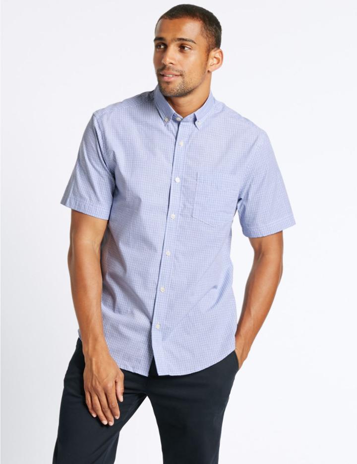 Marks & Spencer Pure Cotton Checked Shirt With Pocket Royal Blue