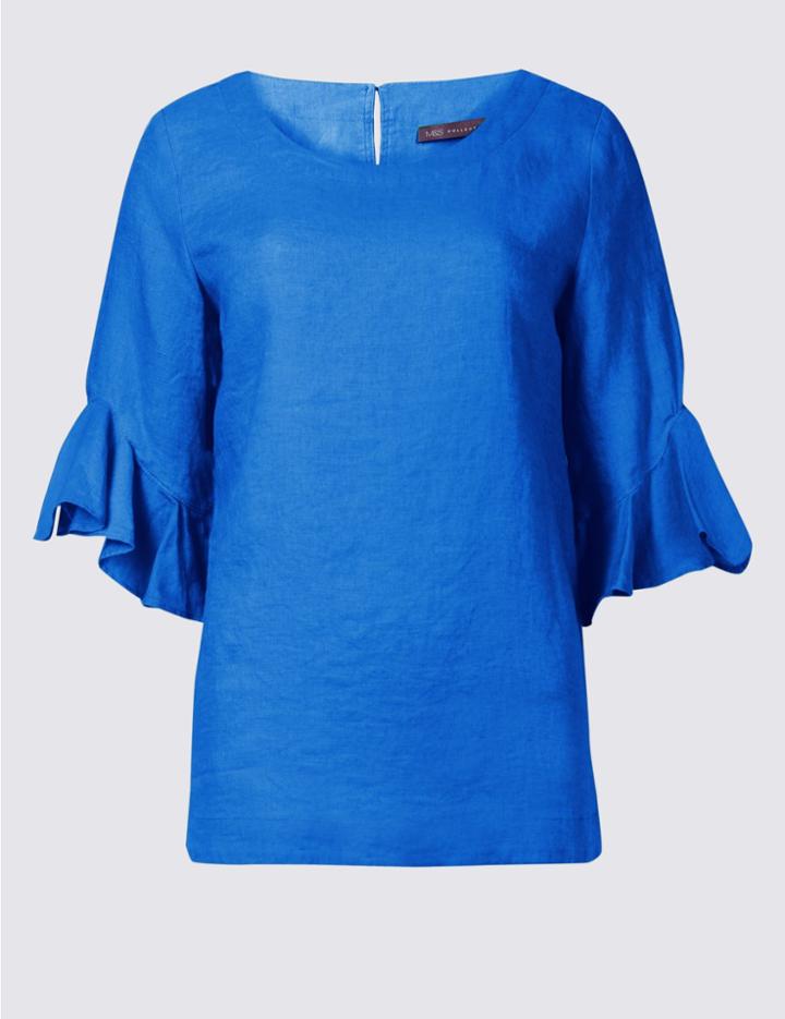Marks & Spencer Pure Linen Ruffle Sleeve Blouse Cobalt