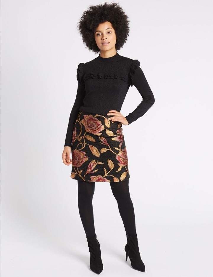 Marks & Spencer Floral Jacquard Straight Mini Skirt Black Mix