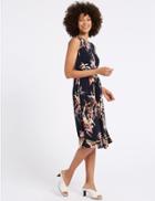 Marks & Spencer Floral Print Side Drape A-line Midi Dress Navy Mix