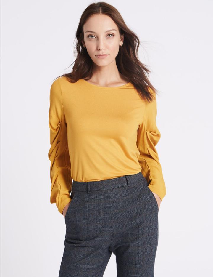 Marks & Spencer Round Neck Ruched Sleeve T-shirt Ochre