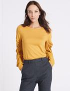 Marks & Spencer Round Neck Ruched Sleeve T-shirt Ochre