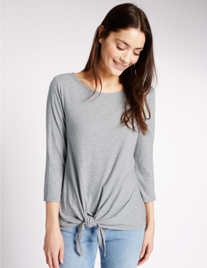 Marks & Spencer Pure Cotton 3/4 Sleeve Asymmetric T-shirt Grey Marl