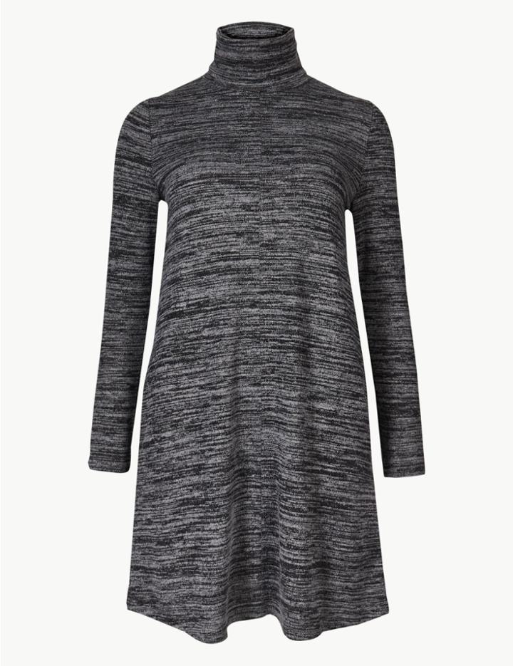 Marks & Spencer Petite Textured Long Sleeve Shift Dress Grey Marl