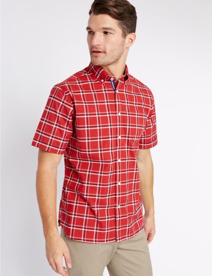 Marks & Spencer Checked Oxford Shirt With Pocket Medium Red