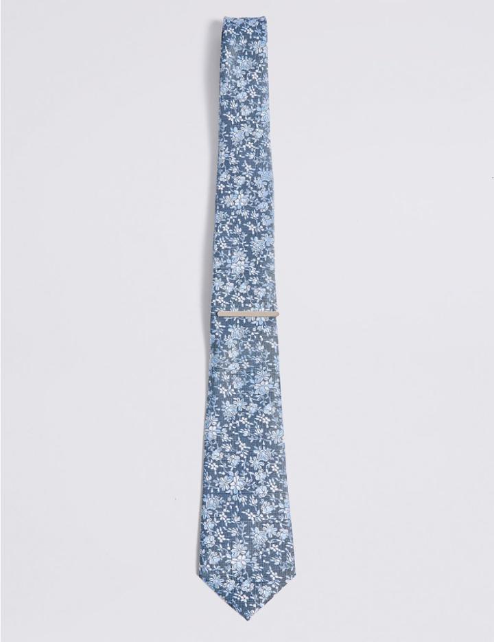 Marks & Spencer Floral Jacquard Tie & Pin Set Pink Mix