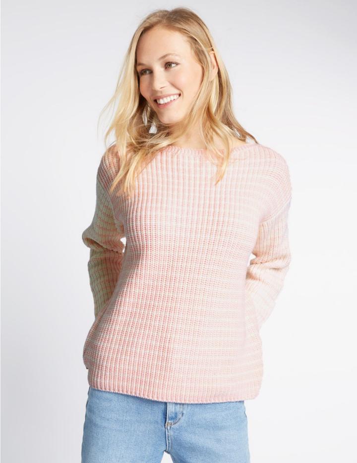 Marks & Spencer Pure Cotton Striped Slash Neck Jumper Pink Mix
