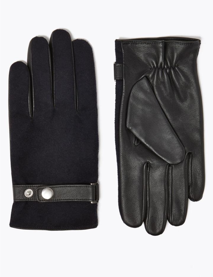 Marks & Spencer Leather & Fabric Gloves With Thermowarmth&trade; Navy