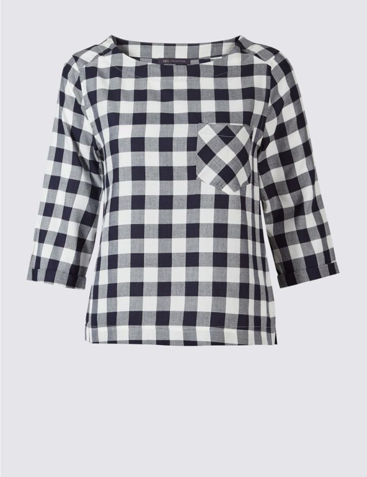 Marks & Spencer Modal Blend Gingham 3/4 Sleeve Shell Top Navy Mix