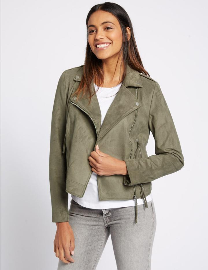 Marks & Spencer Suedette Biker Jacket Khaki