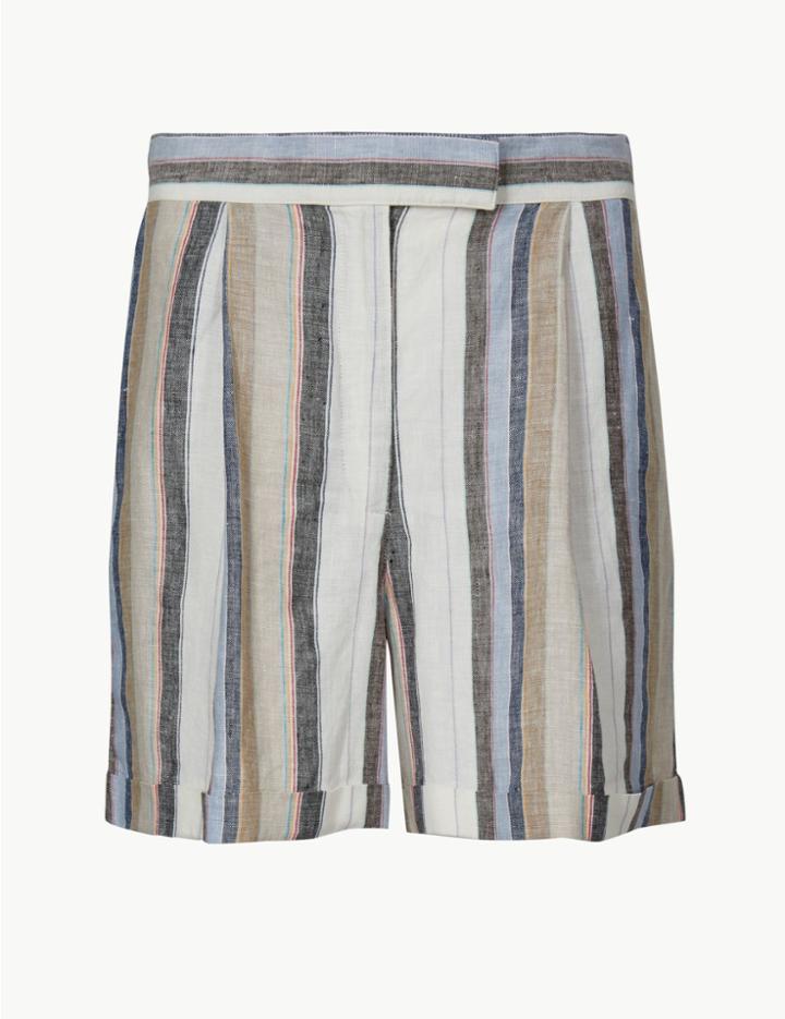 Marks & Spencer Pure Linen Striped Chino Shorts Red Mix