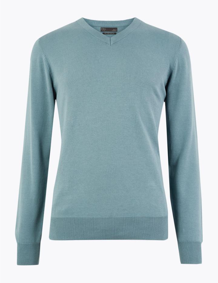 Marks & Spencer Cotton V Neck Jumper Blue