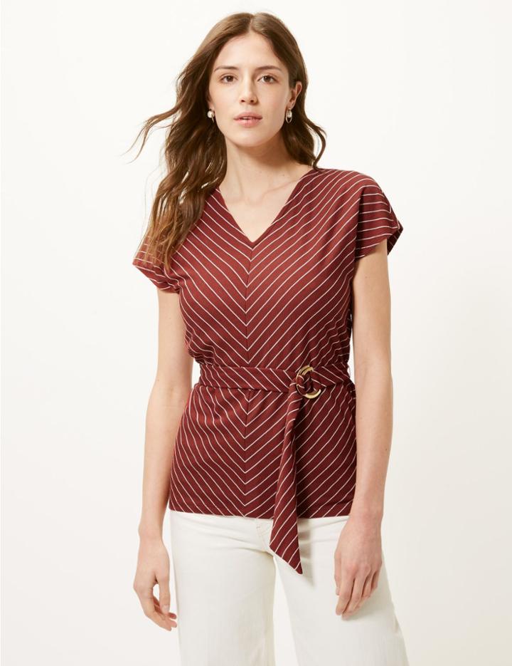 Marks & Spencer Striped V-neck Short Sleeve Top Rust Mix