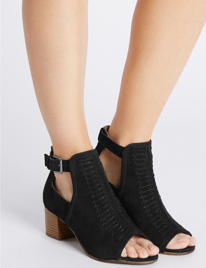 Marks & Spencer Leather Block Heel Peep Shoe Boots Black