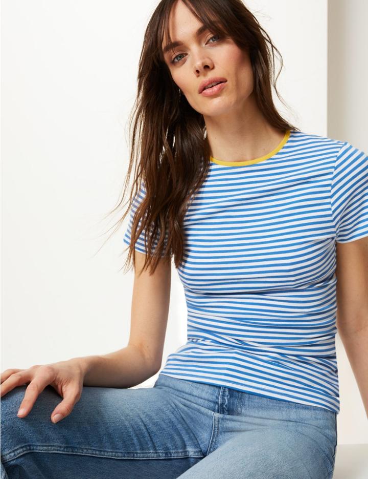 Marks & Spencer Cotton Rich Contrast Striped Fitted T-shirt Blue Mix