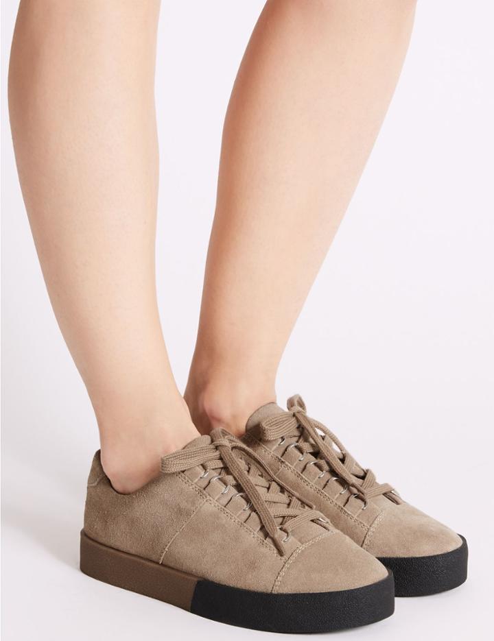 Marks & Spencer Suede Lace-up D-ring Trainers Stone
